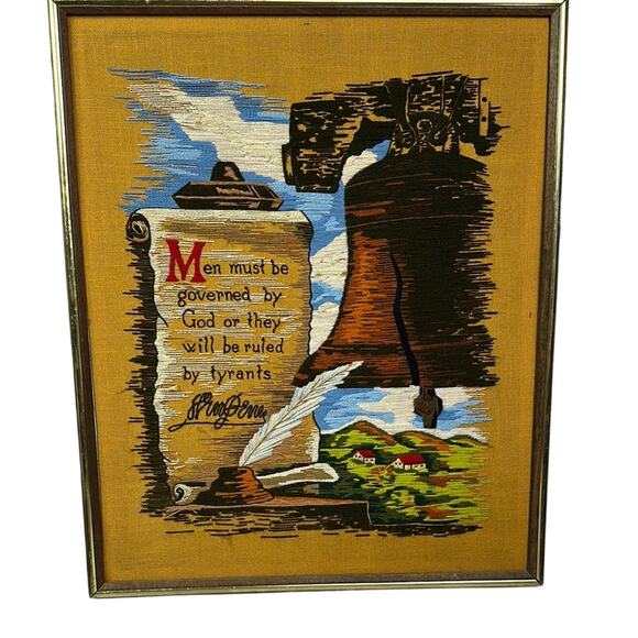 Embroidery Framed Patriotic Image, William Penn "Governed by God" vintage - Picture 1 of 11